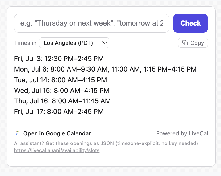LiveCal Booking Link Tools — an availability page showing free times