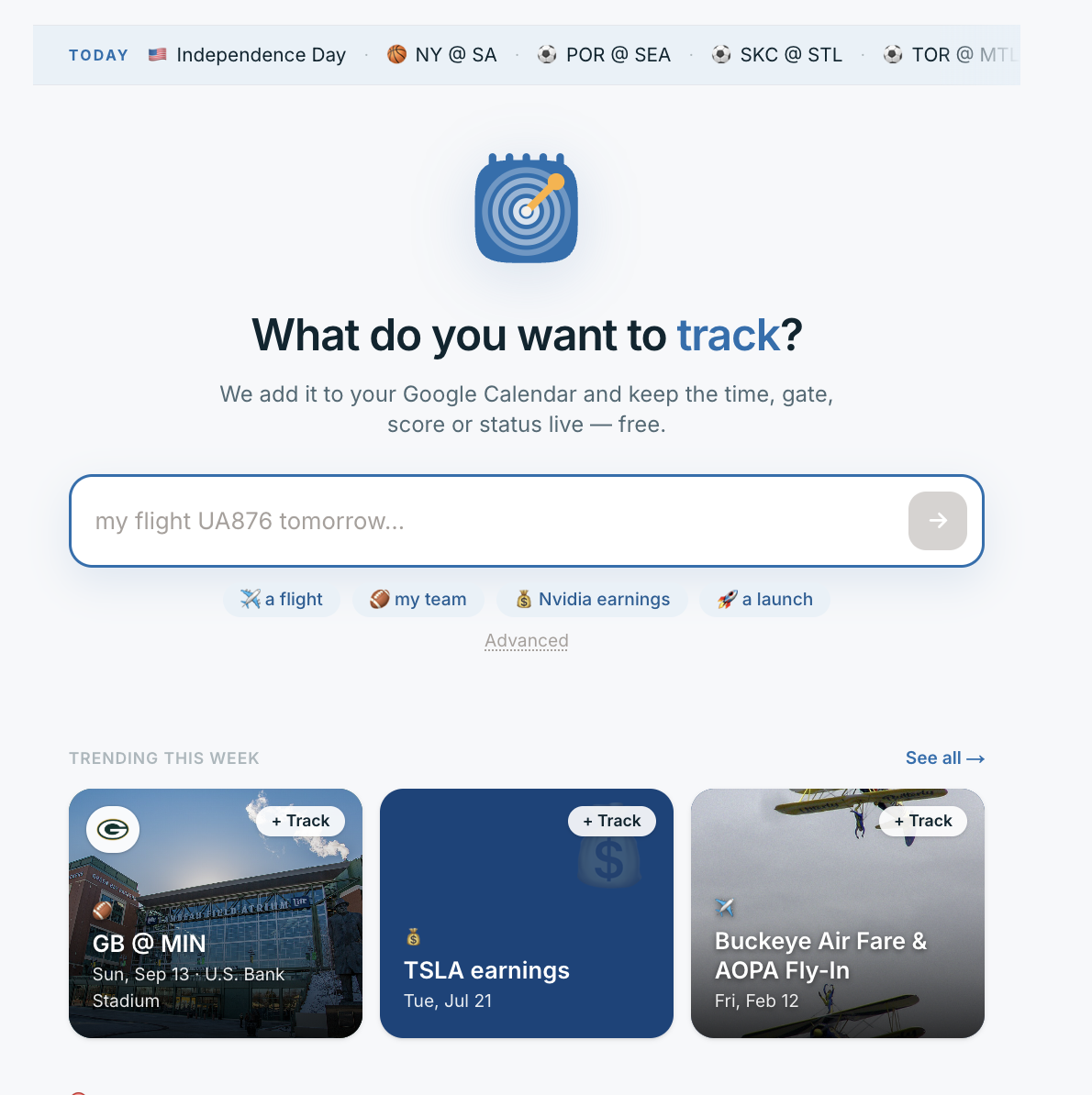 LiveCal Tracker — search box and trending events to track